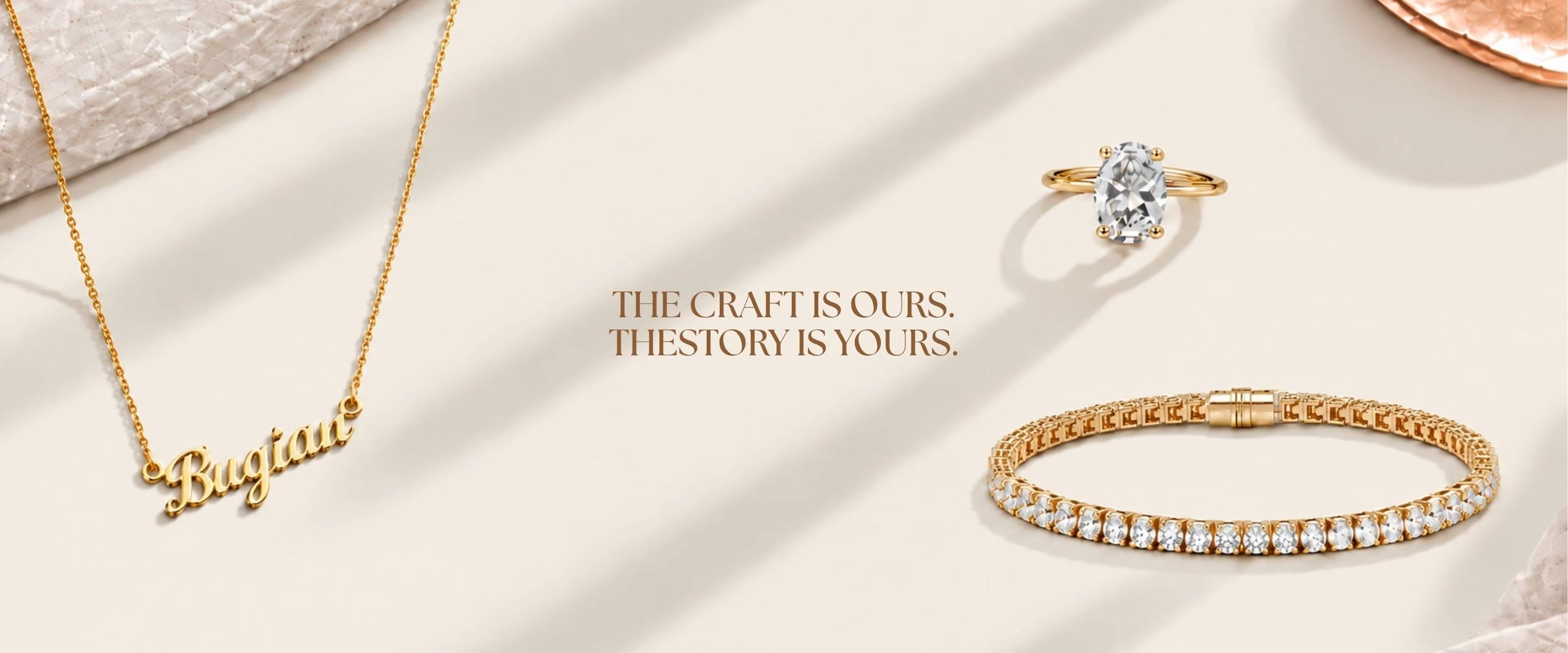 Designed with restraint. Crafted to endure. Made to be yours. — a name necklace, a solitaire ring and a diamond tennis bracelet