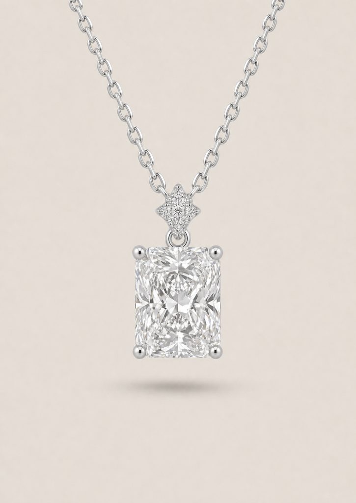Emerald Cut Pendant Necklace with Star Pavé Accent — White Diamond