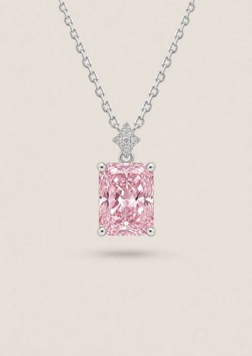 Emerald Cut Pendant Necklace with Star Pavé Accent — Fancy Intense Pink Diamond