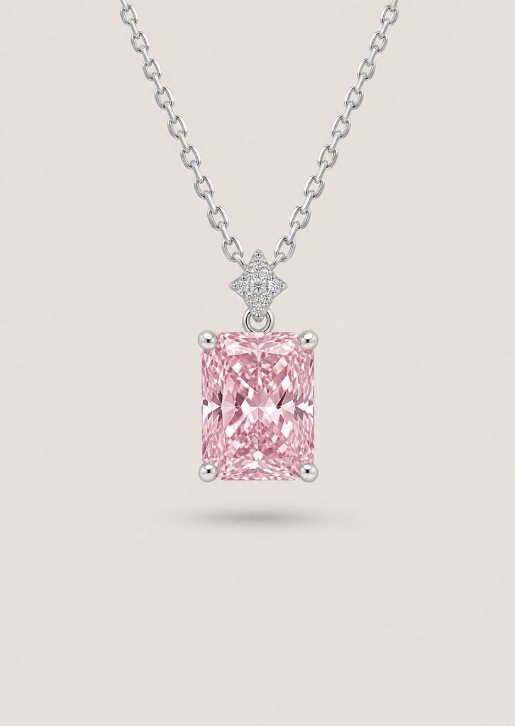 Emerald Cut Pendant Necklace with Star Pavé Accent — Fancy Intense Pink Diamond