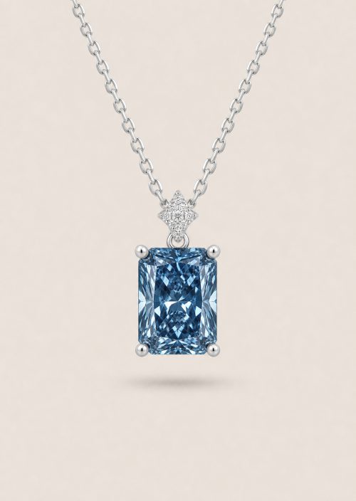 Emerald Cut Pendant Necklace with Star Pavé Accent — Fancy Intense Blue Diamond