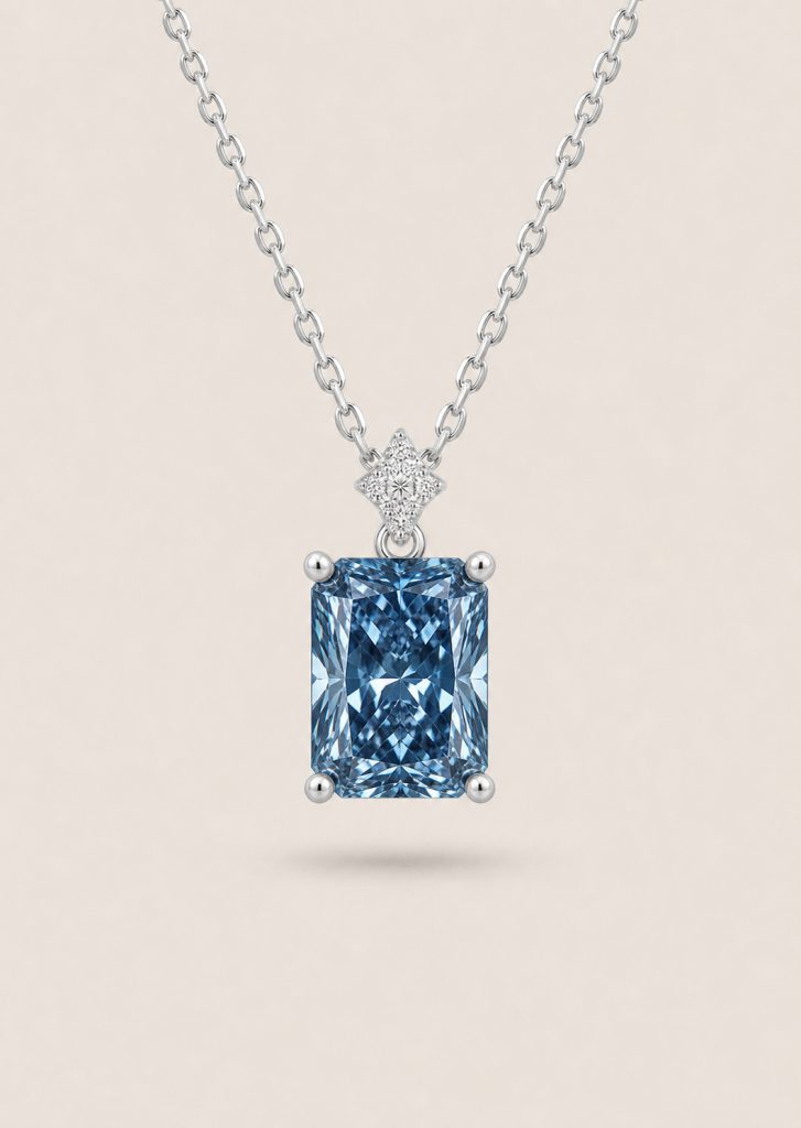 Emerald Cut Pendant Necklace with Star Pavé Accent — Fancy Intense Blue Diamond