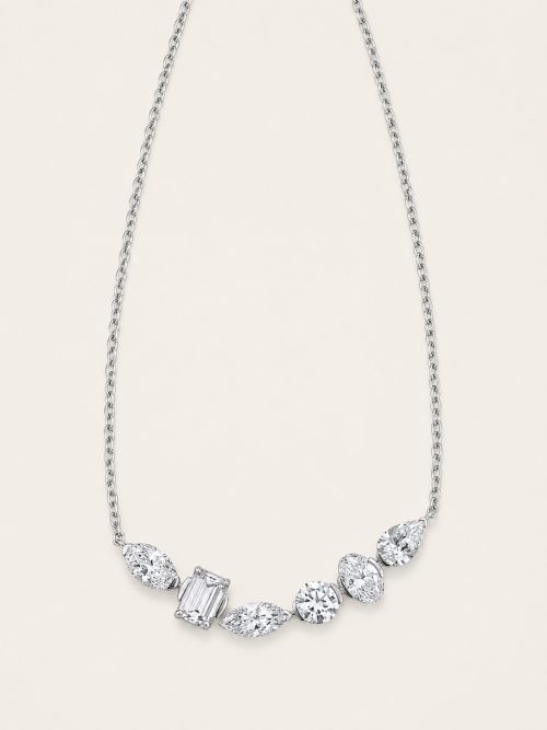 Irregular Mixed Geometric Shape Gem Layered Necklace — 14K White Gold