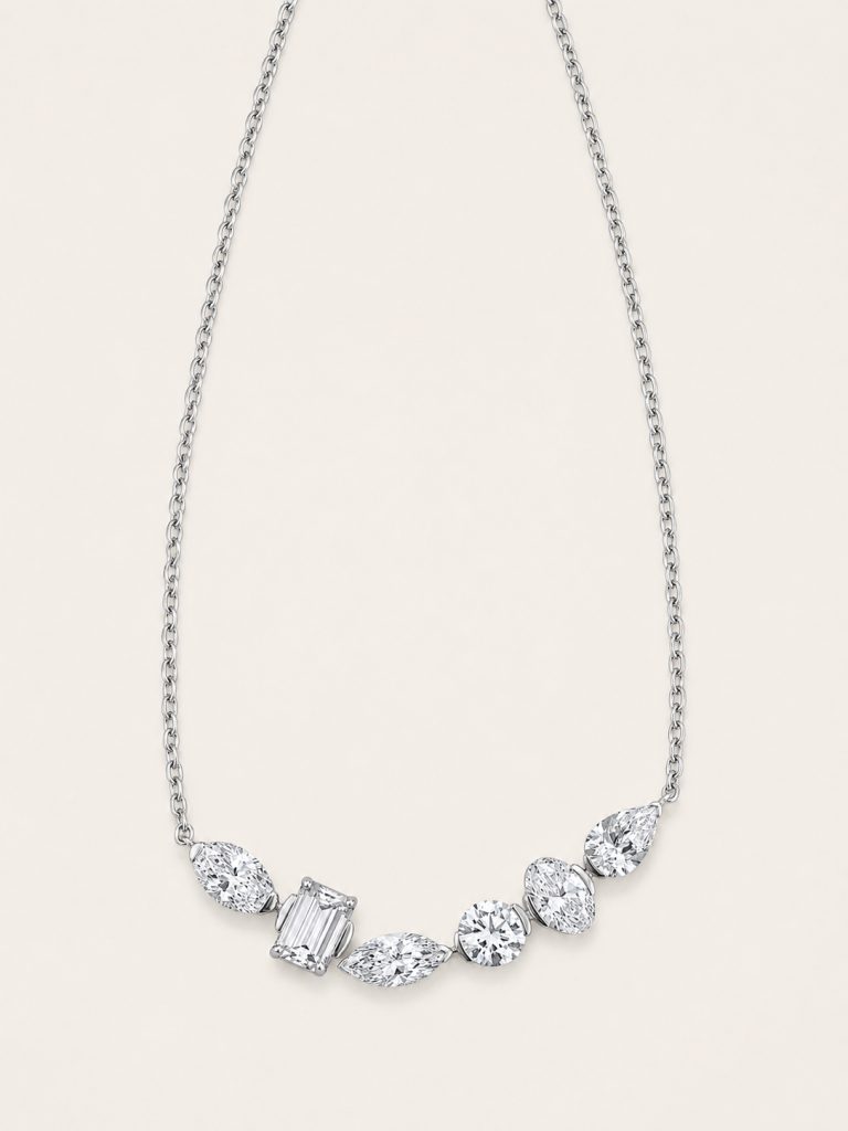 Irregular Mixed Geometric Shape Gem Layered Necklace — 14K White Gold