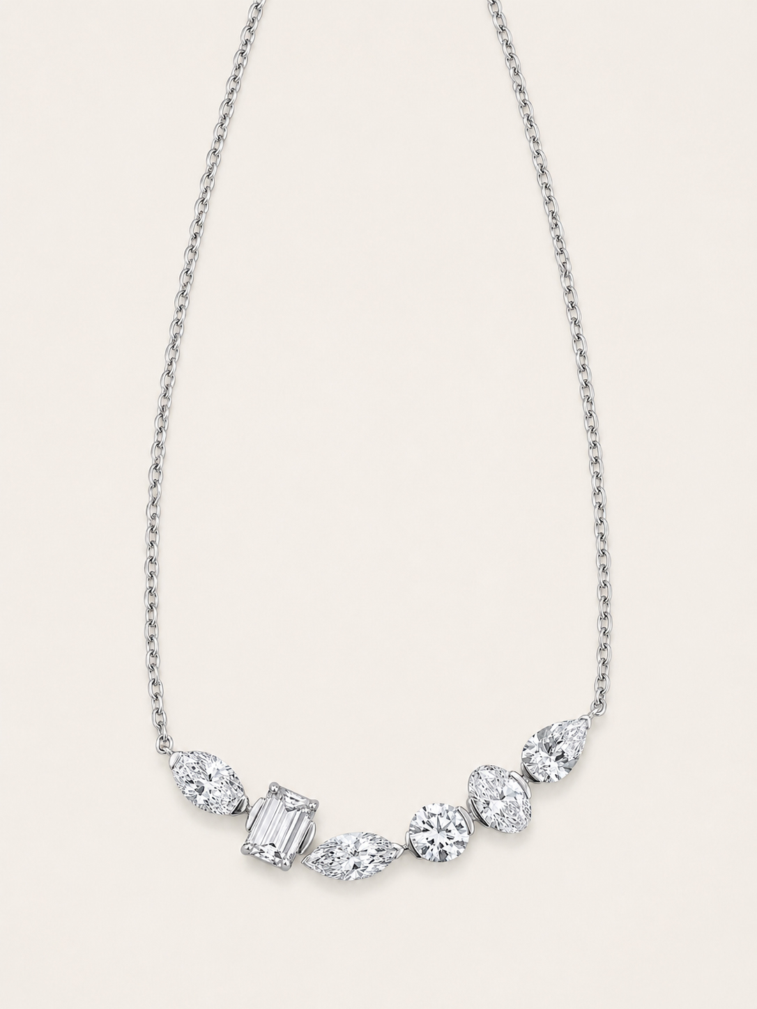 Irregular Mixed Geometric Shape Gem Layered Necklace — 14K White Gold