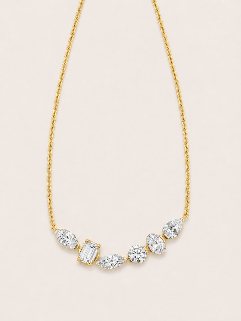 Irregular Mixed Geometric Shape Gem Layered Necklace — 14K Yellow Gold