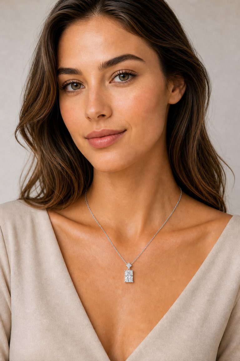 1 ct Radiant-Cut Diamond Pendant Necklace with Pavé Star Accent — White Diamond
